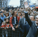 John Nott, the Conservative politician who served as the defence secretary during The Falklands War, has died aged 92. Pictured is him waving to departing servicemen as the liner QE2 leaves Southampton carrying 3000 British troops to South Georgia during the Falklands War, 12th May 1982