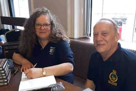 Rachel Simons (left) founded of Scarves For Falklands Veterans, with Neil Binder, a Falklands veteran who helps administer a Facebook page which co ordinates those who make the scarves and veterans who receive them.
