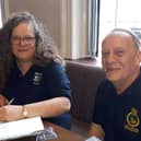 Rachel Simons (left) founded of Scarves For Falklands Veterans, with Neil Binder, a Falklands veteran who helps administer a Facebook page which co ordinates those who make the scarves and veterans who receive them.