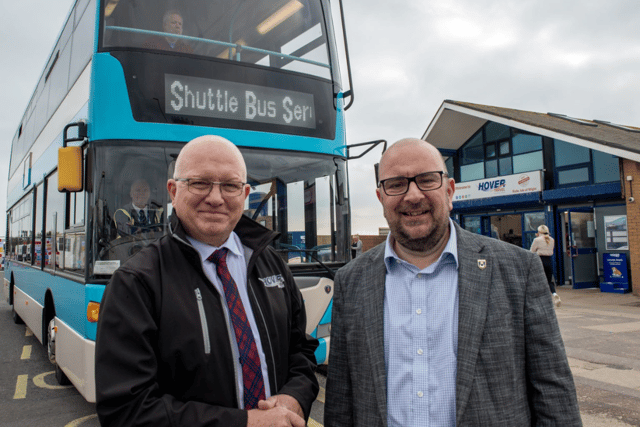 Neil Chapman, managing director at Hovertravel, and Portsmouth City Council leader, Steve Pitt. A new shuttle service was trialled at the port to take tourists from cruise ships around the city.