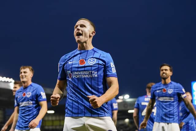 Colby Bishop capped an emotional Pompey return by scoring in their 3-1 success over Preston. Picture: Jason Brown/ProSportsImages