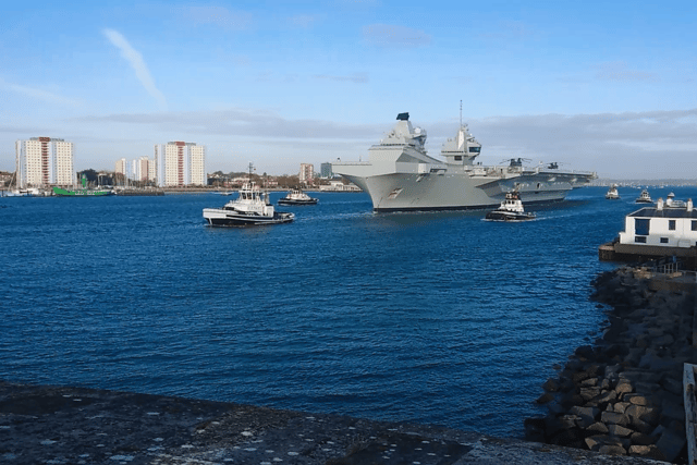 HMS Prince of Wales leaving Portsmouth for sea trials in preparation for her deployment to Japan and the Indo-Pacific region next year.