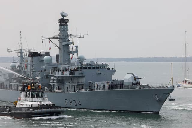 HMS Iron Duke shadowed Russian ships sailing through the English Channel, with the country's ministry claiming they carried out naval drills nearby. Pictured is the Type 23 frigate arriving into Portsmouth in 2023.