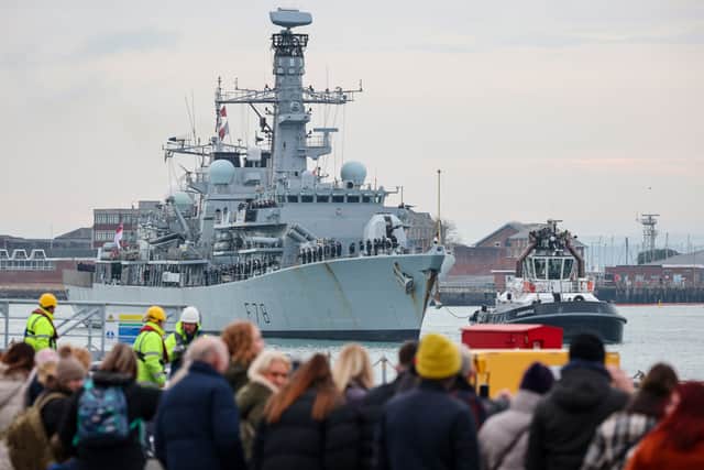 HMS Kent will be significantly updated during her maintenance period, which has been taking place since the summer. Pictured is HMS Kent returning to HMNB Portsmouth on December 2, 2022.