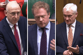 Defence spending was brought up in the House of Commons today, with Tory MPs challenging the government over a timeline for 2.5 per cent of GDP being committed to military spending. From left: Defence secretary John Healey, Gregory Stafford MP and Graham Stuart MP.