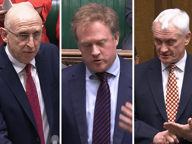 Defence spending was brought up in the House of Commons today, with Tory MPs challenging the government over a timeline for 2.5 per cent of GDP being committed to military spending. From left: Defence secretary John Healey, Gregory Stafford MP and Graham Stuart MP.
