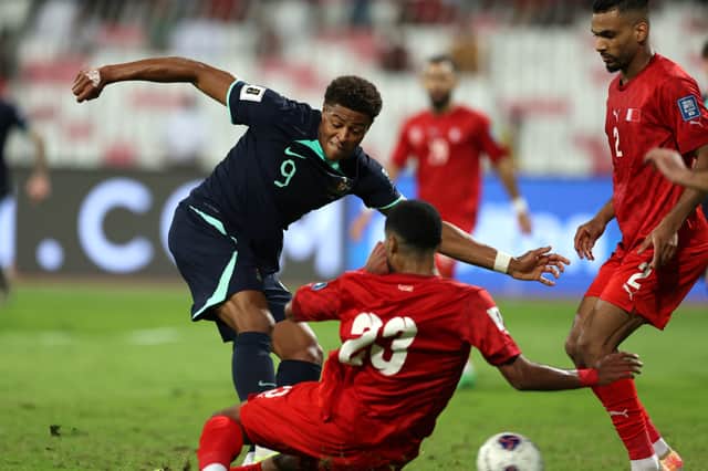 Kusini Yengi netted a 96th-minute equaliser as he bagged both Australia's goals in last night's 2-2 draw in Bahrain. Picture: Christopher Pike/Getty Images