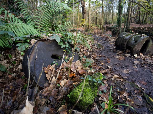 Barrels though to contain tar or bitumen dumped during the 1920s at Nightingale Valley in Bristol. 