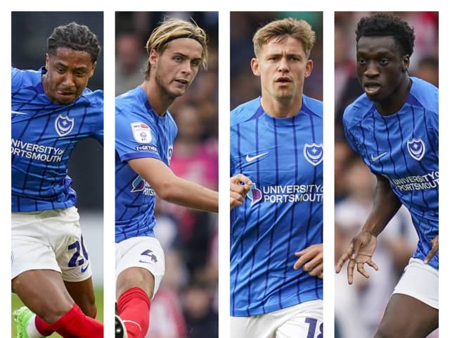 The likes of (from left to right) Sammy Silvera, Ryley Towler, Elias Sorensen and Abdoulaye Kamara could all find their Pompey places under review in the January transfer window.