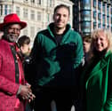 Trussell ambassadors Levi Roots and Mark Hoyle (LadBaby) meet with Trussell Chief Executive Emma Revie outside Parliament 