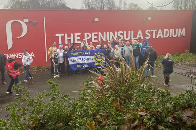Members of Banksy's Bus outside Salford City's ground after the second match they attempted to attend on Saturday was called off.