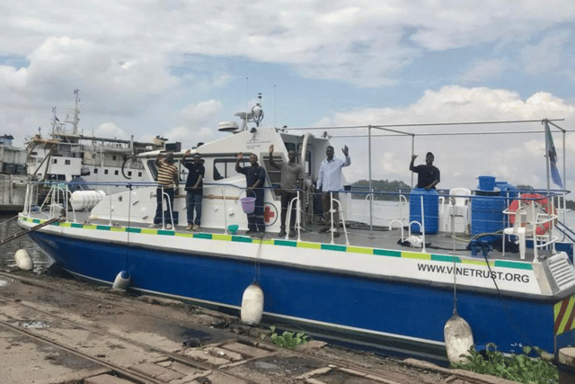 MV Lady Jean, the former HMS Scimitar, arriving in Mwanza in Tanzania after setting off from Portsmouth.