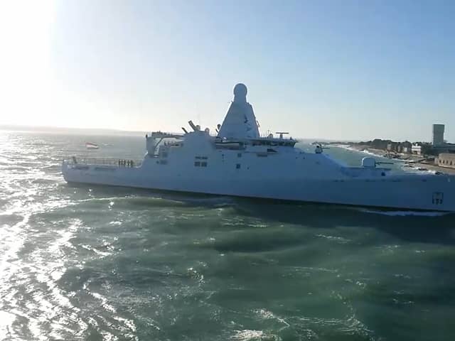 HNLMS Friesland sailing towards HMNB Portsmouth this morning, where she was joined by her sister ship HNLMS Groningen.