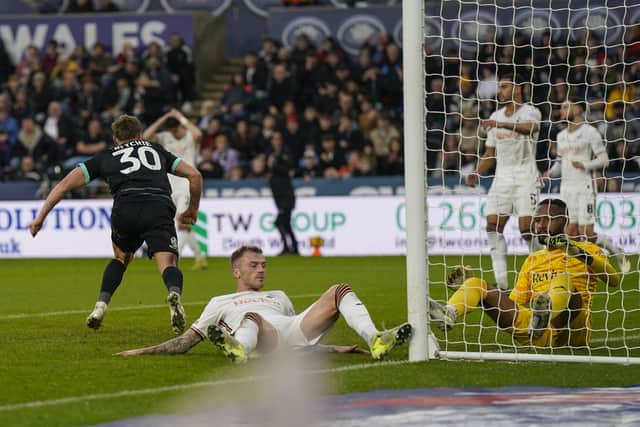 Pompey's Matt Ritchie scores his first goal for the club in the 2-2 draw with Swansea City. Pic: Jason Brown/ProSportsImages