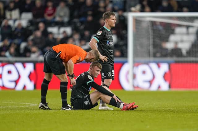 Mark O'Mahony lasted just 12 minutes of Pompey's 2-2 draw at Swansea after sustaining a hip injury. Picture: Jason Brown/ProSportsImages