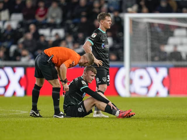 Mark O'Mahony lasted just 12 minutes of Pompey's 2-2 draw at Swansea after sustaining a hip injury. Picture: Jason Brown/ProSportsImages