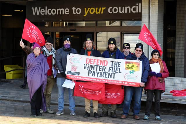 Protests took place in Portsmouth on Friday, November 29, 2024, in opposition to the government's cuts to winter fuel payments. Pictured is: (l-r) Jackie Lederer, Alan Burgess, Tom, Graham Noble, Josh Goacher, Andy, Colin Shead and Barbara Edney.