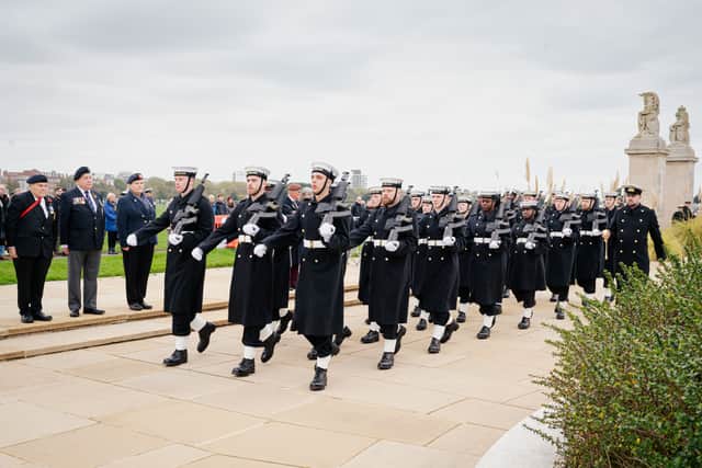 The government has increased spending on Royal Navy recruitment, with the force struggling to meet their employment quotas over the last five financial years. Pictured is: The Royal Navy guard marching on Remembrance Sunday.
