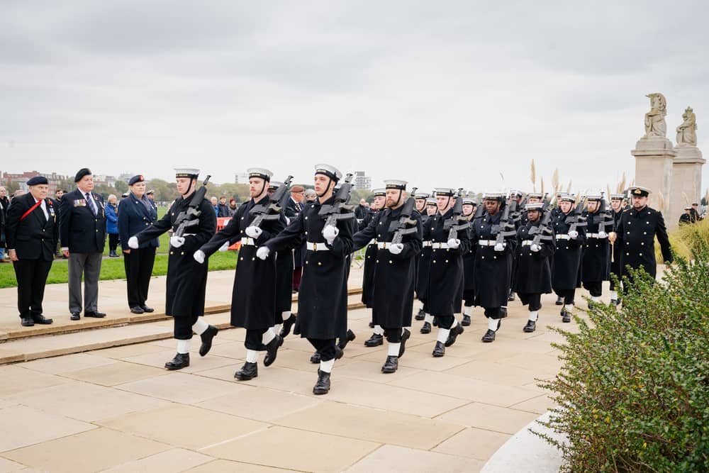 The government has increased spending on Royal Navy recruitment, with the force struggling to meet their employment quotas over the last five financial years. Pictured is: The Royal Navy guard marching on Remembrance Sunday.