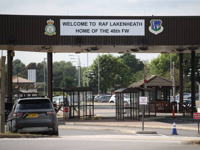 An expert has said Russia or China can't be ruled out of orchestrating drones which flew over airbases. A similar aircraft was seen shadowing HMS Queen Elizabeth in Germany. Pictured: The entrance of RAF (Royal Air Force) Lakenheath, home of the US Air Force's 48th Fighter Wing.