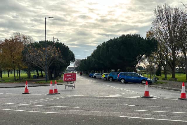Multiple cordons have been put in place following the discovery of an unexploded bomb in Southsea.
Pictured: Road closure in Avenue de Caen