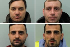 Five men have been jailed for smuggling large amounts of cocaine in banana boxes through Portsmouth International Port. It was the largest narcotics seizure in the UK at th eitme it was made. From left: Petko Zhutev, Olsi Ebeja, Gjergji Diko and Bruno Kuci.