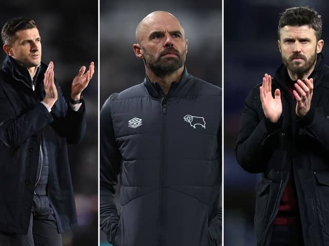 John Mousinho's win percentage as Pompey manager compared to Derby County's Paul Warne and Middlesbrough boss Michael Carrick. (Image: Mike Hewitt, Pete Norton and Catherine Ivill/Getty Images)