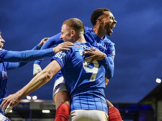 Pompey celebrate their 3-0 win over Bristol City