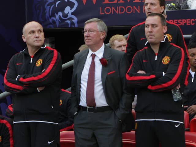 Mike Phelan, left, alongside Sir Alex Ferguson, centre, and Rene Meulensteen, right, during the 2011 Champions League final between Manchester United and Barcelona.