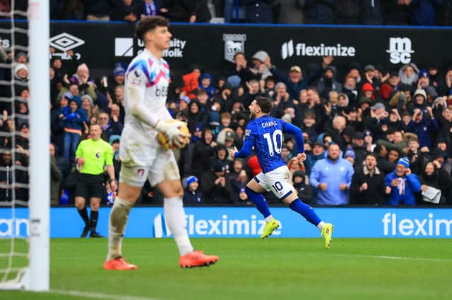 Ex-Pompey man Conor Chaplin scores his maiden Premier League goal in Ipswich's 2-1 loss against Bournemouth. Picture: Stephen Pond/Getty Images