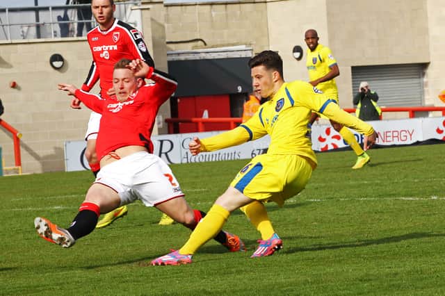The moment Conor Chaplin netted his first Football League goal, when he scored for Pompey at Morecambe in April 2015. Picture: Joe Pepler