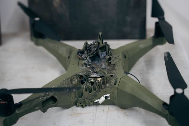 A drone which was successfully destroyed by "ground-breaking technology" - a laser weapon, which was mounted on an armed vehicle and fired by The British Army for the first time in a successful test.