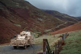 A British Army Wolfhound vehicle, on which a laser weapon was mounted and fired for the first time in a successful test which saw the "ground-breaking technology" destroy flying drones.