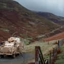A British Army Wolfhound vehicle, on which a laser weapon was mounted and fired for the first time in a successful test which saw the "ground-breaking technology" destroy flying drones.