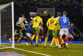 Pompey were denied what they believe was a good goal for Connor Ogilvie against Norwich City last night. Pic: Jason Brown/ProSportsImages