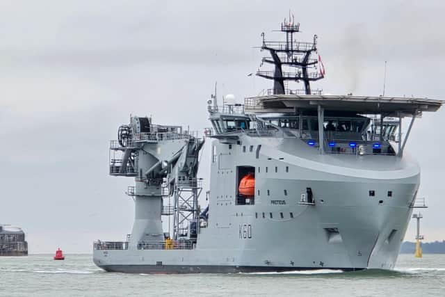 RFA Proteus sailing into Portsmouth on the morning of December 12.