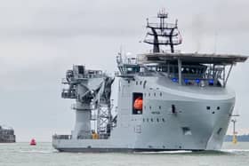 RFA Proteus sailing into Portsmouth on the morning of December 12.