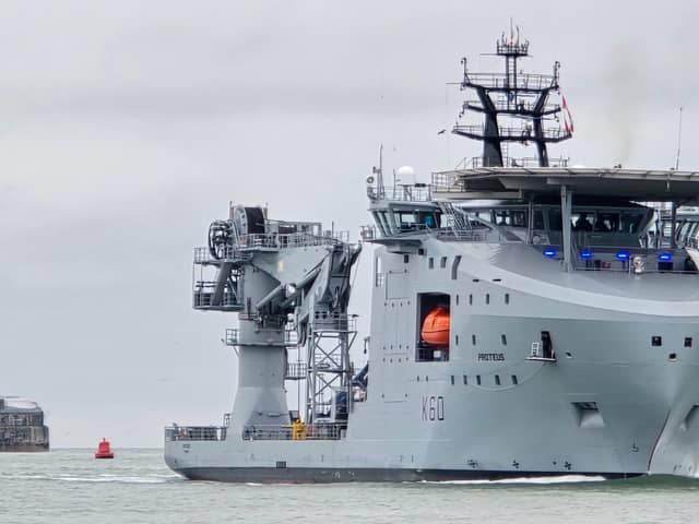Royal Navy training aboard RFA Proteus is stepping up after underwater surveillance devices were spotted in UK waters. Pictured: RFA Proteus sailing into Portsmouth on the morning of December 12.