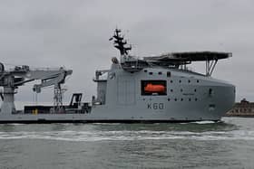 RFA Proteus arriving into Portsmouth on the morning of December 12. The surveillance ship is the latest to be used on joint operations with the Royal Navy, and is expected to be used to protect undersea cables.