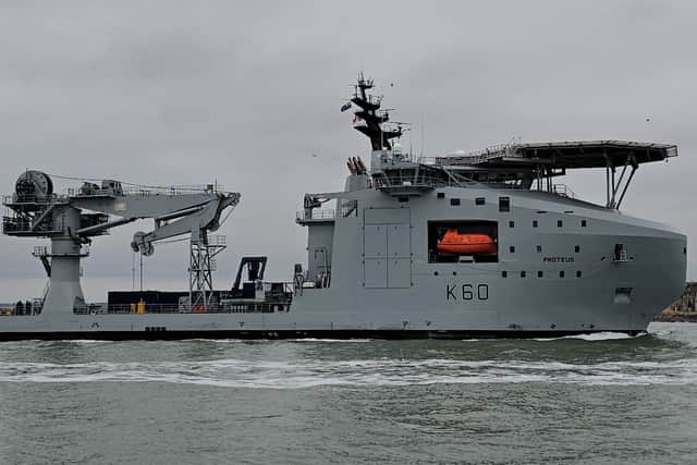 RFA Proteus arriving into Portsmouth on the morning of December 12. The surveillance ship is the latest to be used on joint operations with the Royal Navy, and is expected to be used to protect undersea cables.