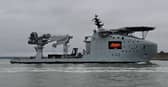 RFA Proteus arriving into Portsmouth on the morning of December 12. The surveillance ship is the latest to be used on joint operations with the Royal Navy, and is expected to be used to protect undersea cables.