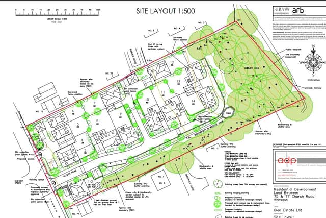 A site plan for how the new estate on land between 75 and 77 Church Road, Warsash, would be laid out if 14 homes are built