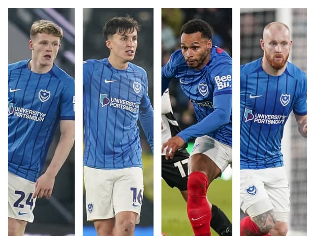 Pompey’s Terry Devlin, Tom McIntyre, Josh Murphy and Connor Ogilvie have been blamed for the goals conceded at Derby.

