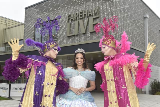Pictured is: (l-r) Gareth Mitchell as Euphemia, Rhiannon Bacchus as Cinderella and Garnon Davies as Lavinia. Picture: Sarah Standing (131224-7805)
