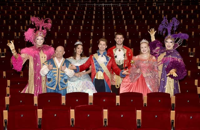 Pictured is: (l-r) Garnon Davies as Lavinia, Paul Burling as Buttons, Rhiannon Bacchus as Cinderella, AJ Pritchard as Prince Charming, Curtis Pritchard as Dandini, Eleanor Wainwright as the Fairy Godmother and Gareth Mitchell as Euphemia. Picture: Sarah Standing (131224-7850)
