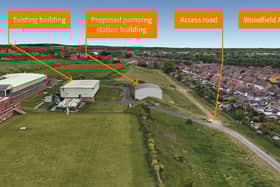 The plan includes a pump station, underground pipes, fencing, drainage, lighting, and landscaping