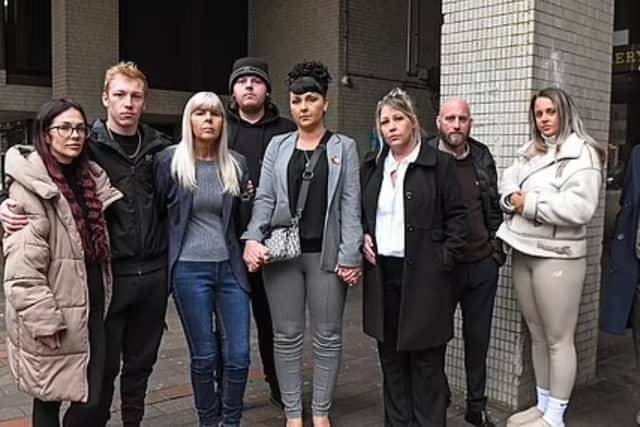 Jamie Smith’s family outside Portsmouth Coroner’s Court. Julie Stephenson (third from left)