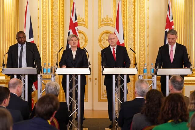 From L: Foreign Secretary David Lammy, Australian Minister for Foreign Affairs Senator Penny Wong, Defence Secretary John Healey and Australian Deputy Prime Minister and Minister for Defence Richard Marles during a press conference after a Australia-UK Ministerial Consultations (AUKMIN) meeting at Lancaster House on December 16, 2024 in London.