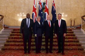 HMS Prince of Wales will be deployed to Australia on her Indo-Pacific mission, with the Royal Navy flagship taking charge of a UK Carrier Strike Group. The announcement was confirmed during the annual Australia-UK Ministerial Consultations (AUKMIN) meeting on December 16, 2024. Pictured from L: UK Foreign Secretary David Lammy, Defence Secretary John Healey, Australian Minister for Foreign Affairs Senator Penny Wong and Australian Deputy Prime Minister and Minister for Defence Richard Marles, (right) at Lancaster House in London.