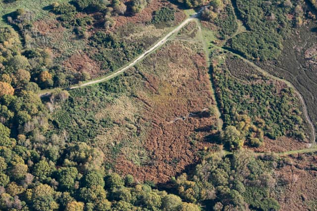 An aerial view of the Browndown First World War practice trenches in Gosport, Hampshire. Practice trenches from the First World War, a "bungalow maternity ward" and the tomb of a woman believed to have lived to 119 years old are among the places that have been added to the National Heritage List for England by Historic England.